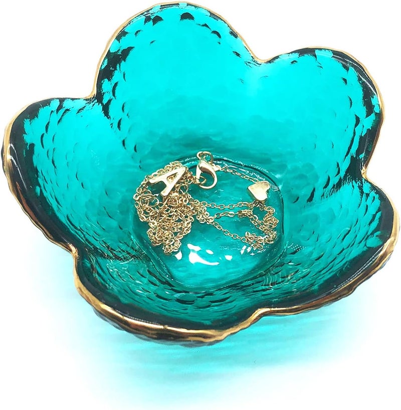 BESSKON Green Flower Ring Jewelry Tray, Small Glass Jewelry Dish for Women, Room Decor Trinket Tray for Earrings Necklaces, Wedding Engagement Ring Holder, Key Dish Jewelry Plate Bowl Gift - Image 1